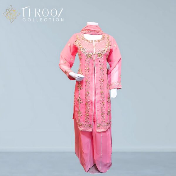 Elegant Pink Embroidered Shalwar Kameez | Firooz Collection 2024 | Gold Embellished Ethnic Outfit for Weddings & Festive Wear